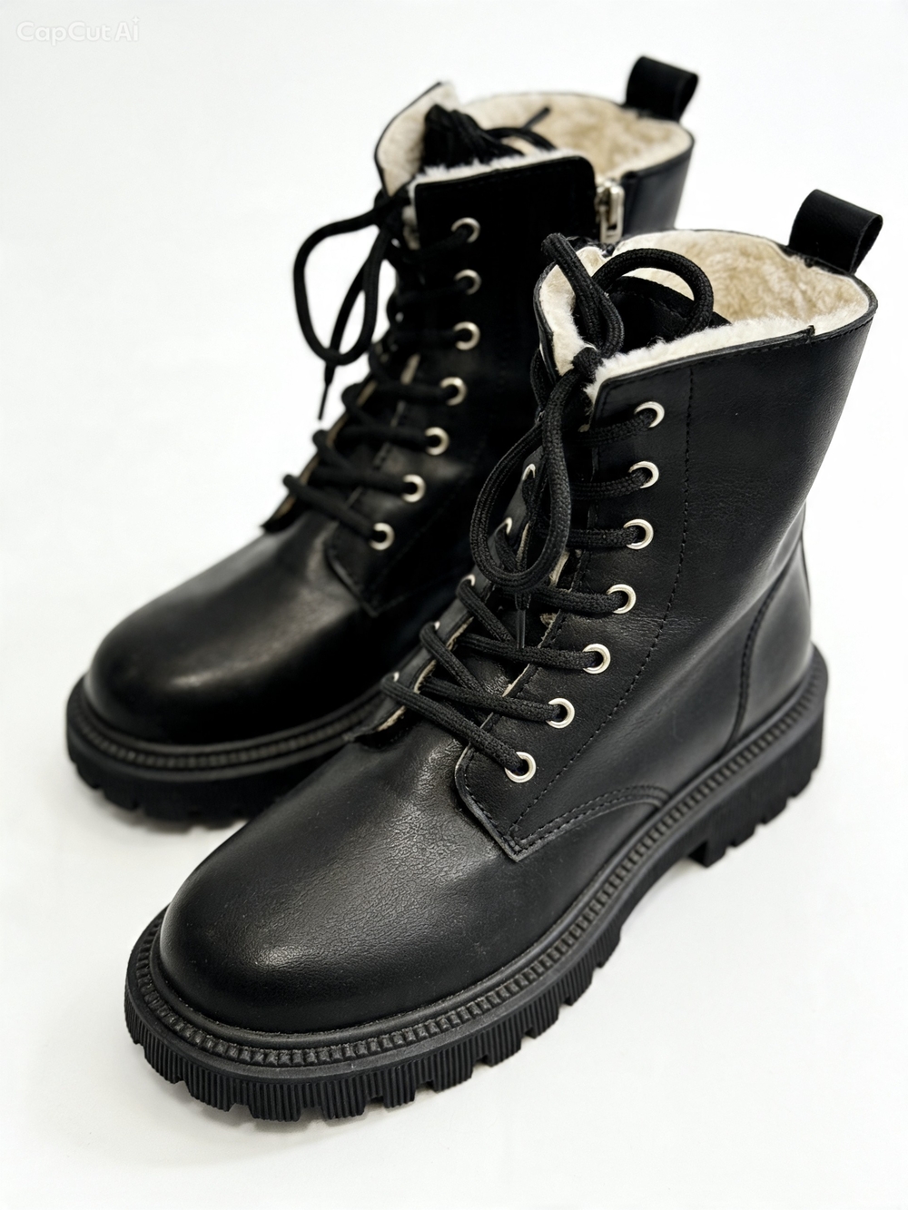 SHEIN Black Lace-Up Faux Fur Combat Boots for Women